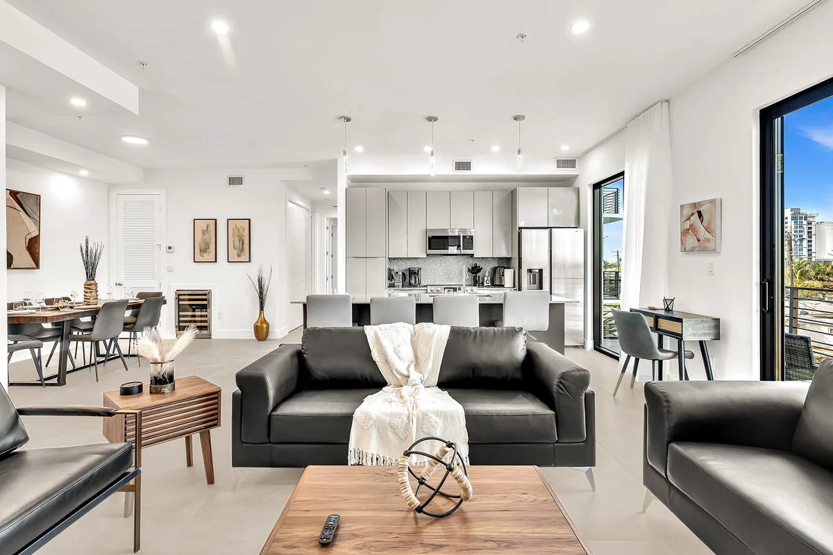 Modern open-plan luxury apartment living room with city views