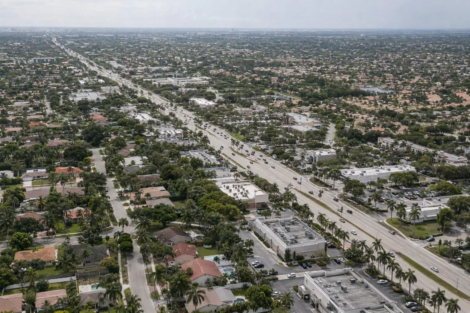 Aerial view of a South Florida suburban corridor showing a wide arterial road cutting through dense residential subdivisions with tile-roofed homes, palm-lined streets, and flat commercial development stretching to the horizon