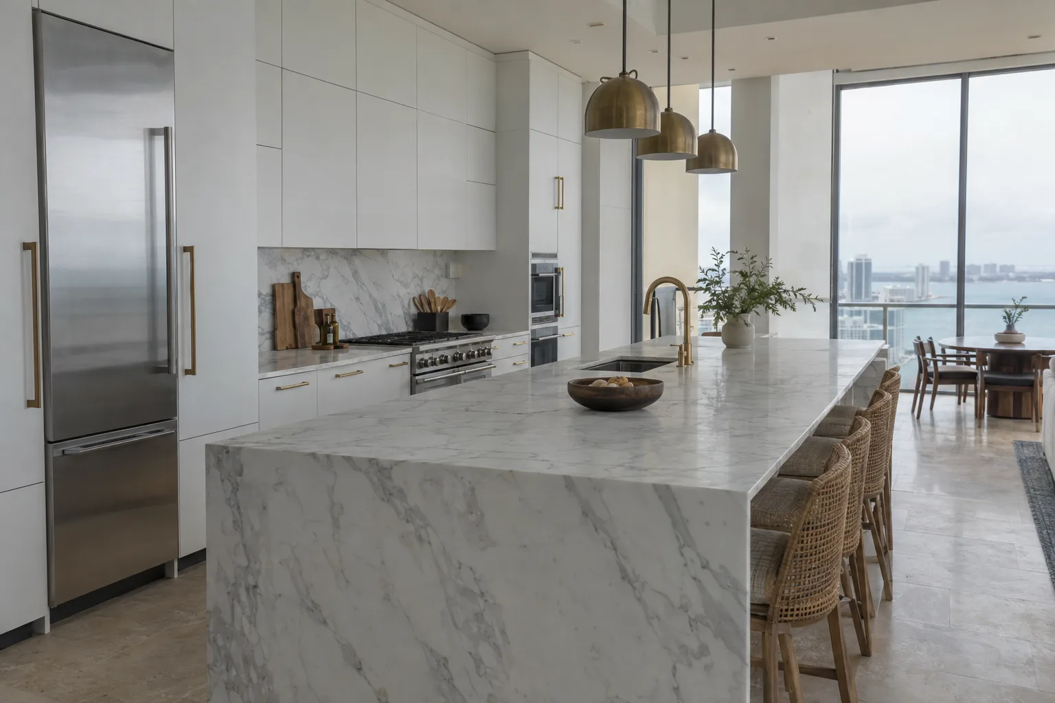 A sunlit ultra-luxury kitchen with custom white cabinetry, integrated stainless appliances, and a long Calacatta marble waterfall island with brushed-gold fixtures in a South Beach penthouse