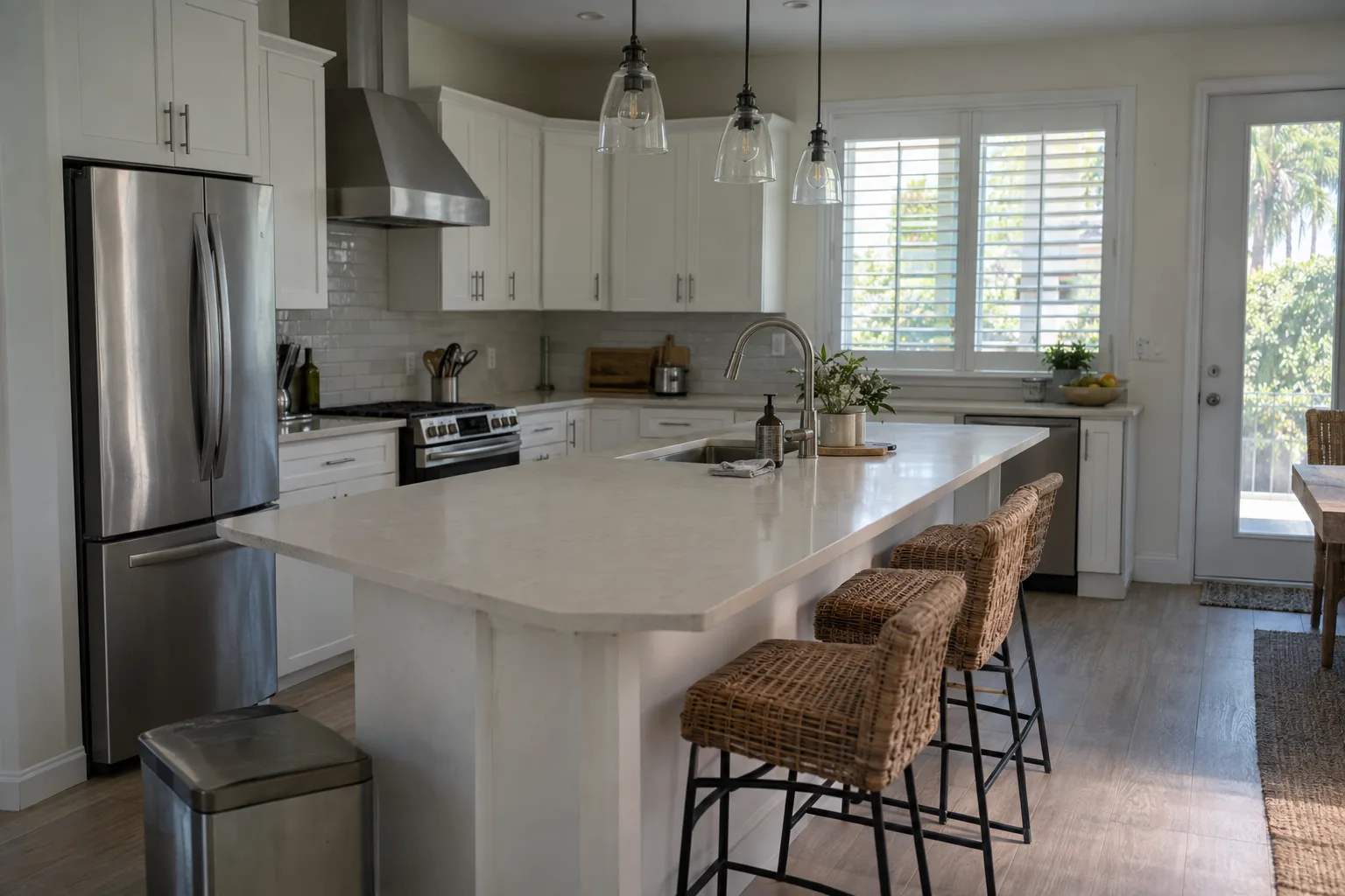 Spacious open-plan kitchen with a white quartz island, shaker cabinets, stainless appliances, pendant lights, and plantation shutters filtering afternoon sunlight in a vacation rental interior