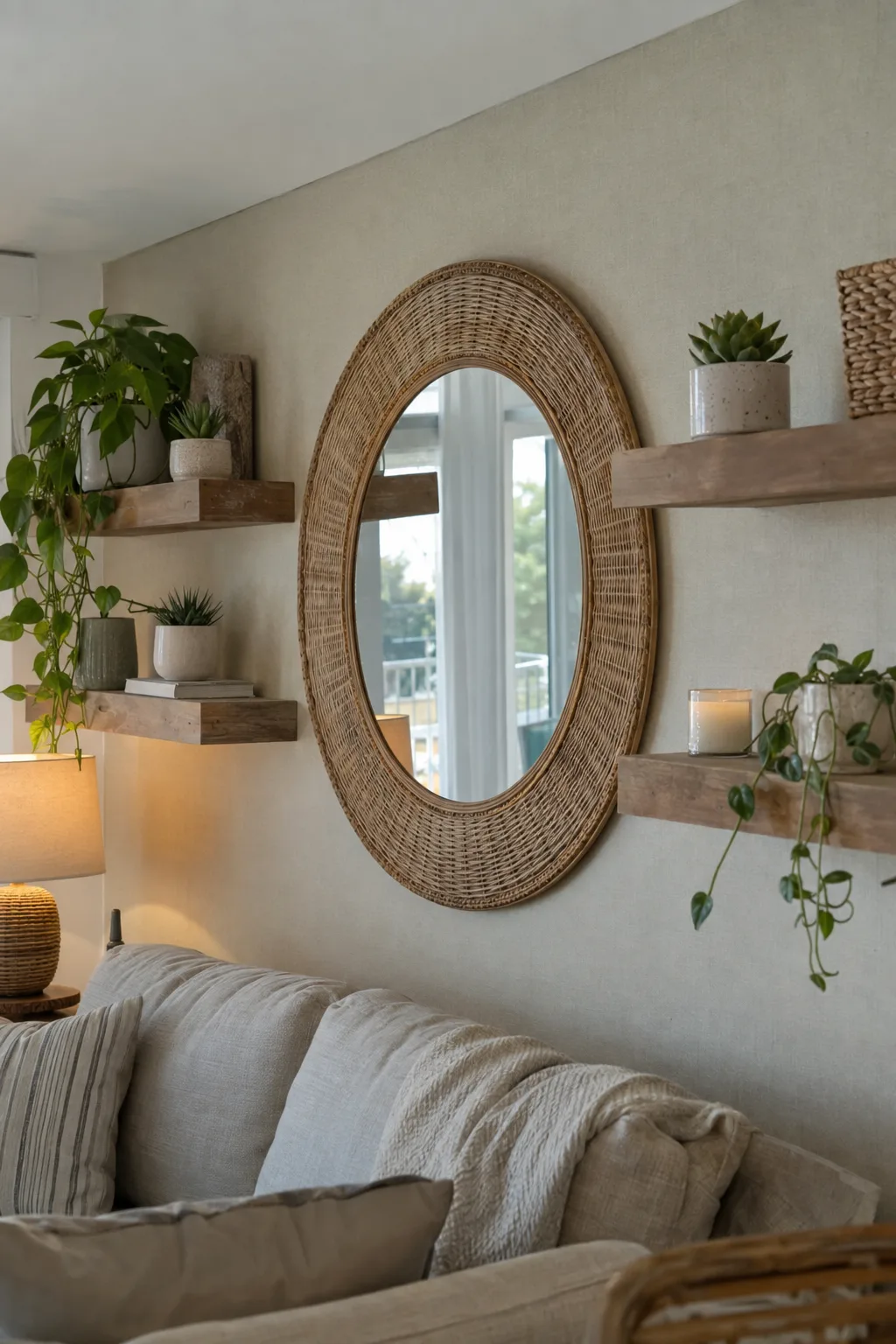 Styled accent wall with natural wood floating shelves holding succulents and a candle beside a large round rattan-framed mirror in a warmly lit vacation rental living space
